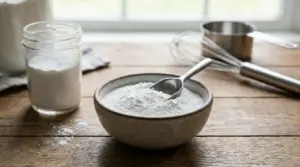 Ciotola e barattolo con polvere bianca per dolci, con cucchiaio e frusta su tavolo di legno