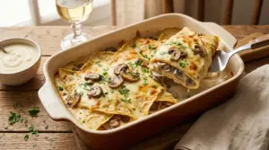 Crepes salate al forno ripiene di funghi e besciamella in teglia, con una porzione sollevata e prezzemolo