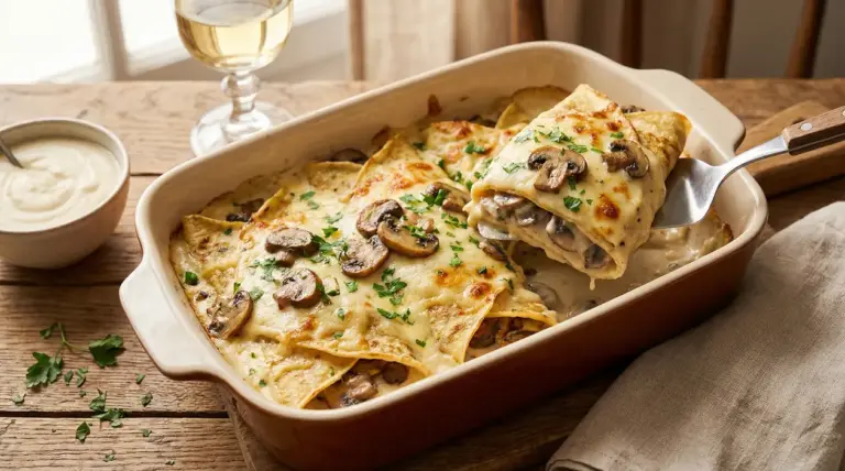 Crepes salate al forno ripiene di funghi e besciamella in teglia, con una porzione sollevata e prezzemolo