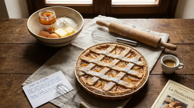 Crostata alla marmellata con griglia di pasta frolla su tavolo rustico, con farina, uova, burro e mattarello