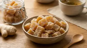 Ciotola di cubetti di zenzero candito fatti in casa su tavolo di legno, con radice di zenzero e tisana sullo sfondo