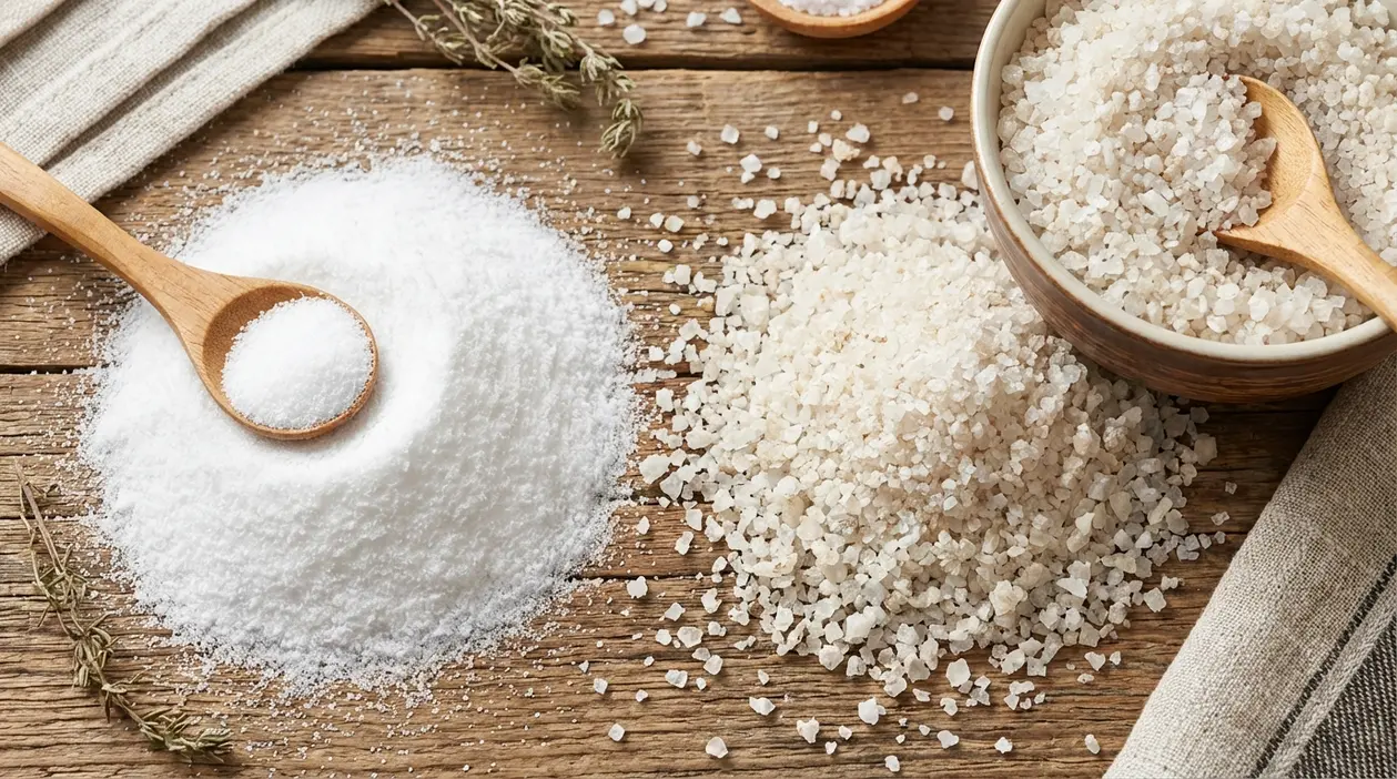 Confronto tra sale fino e sale marino grosso su tavolo di legno, con cucchiai e ciotola