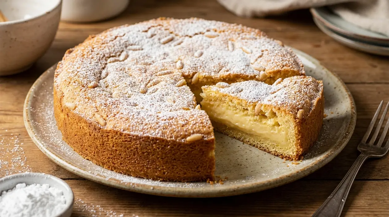 Torta toscana con ripieno cremoso e pinoli, spolverata di zucchero a velo, servita su piatto con una fetta tagliata.