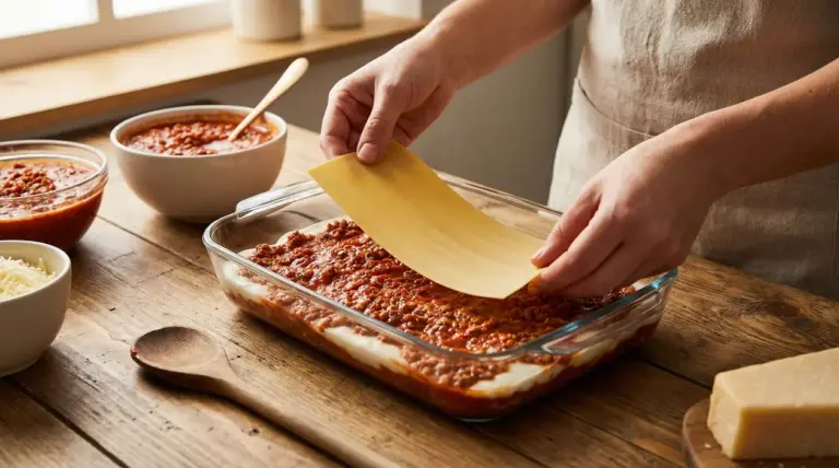 Persona che aggiunge una sfoglia di pasta a una pirofila con ragù per preparare le lasagne