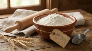 Ciotola di farina su tavolo di legno con mattarello e cartellino di scadenza, per capire se la farina scaduta si usa