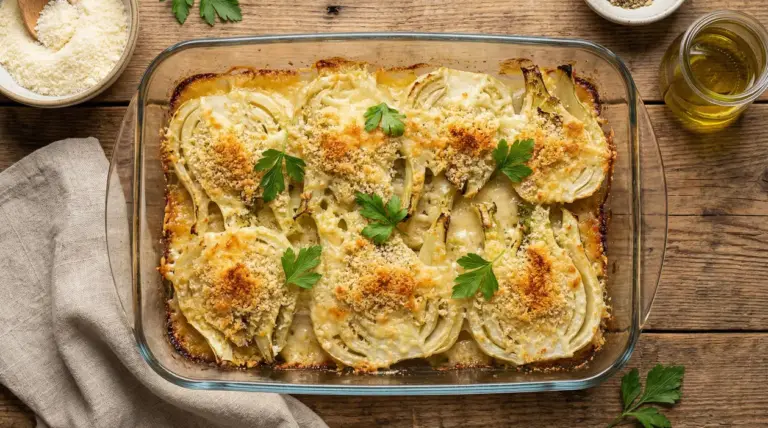 Finocchi al forno gratinati in una teglia di vetro su tavolo rustico