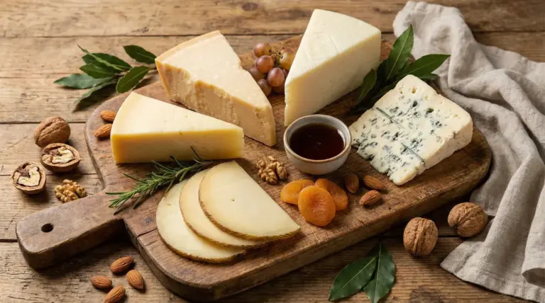 Tagliere con formaggi stagionati e erborinato, frutta secca, miele e uva su tavolo di legno