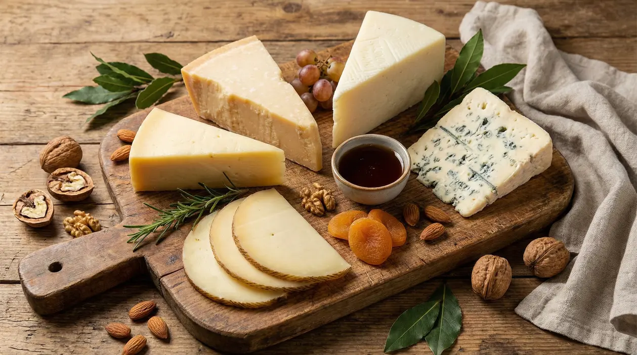 Tagliere con formaggi stagionati e erborinato, frutta secca, miele e uva su tavolo di legno