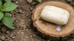 Formiche su un terreno vicino a una saponetta appoggiata su un tronco di legno