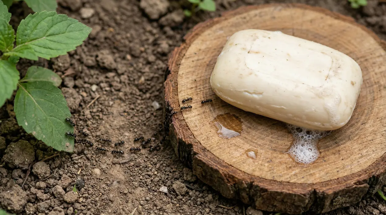 Formiche su un terreno vicino a una saponetta appoggiata su un tronco di legno