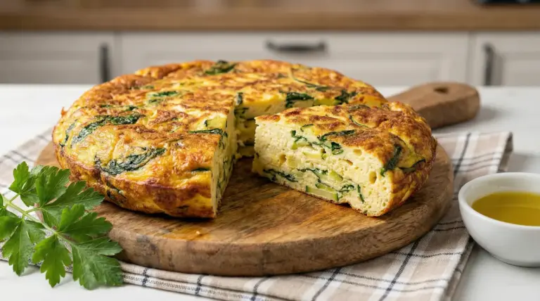 Frittata alta e soffice con zucchine e prezzemolo su tagliere di legno