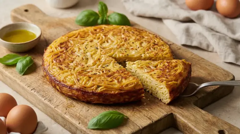 Frittata di spaghetti napoletana dorata su tagliere, con una fetta tagliata e servita con paletta