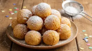 Frittelle di Carnevale dorate e soffici con zucchero a velo su un piatto di ceramica