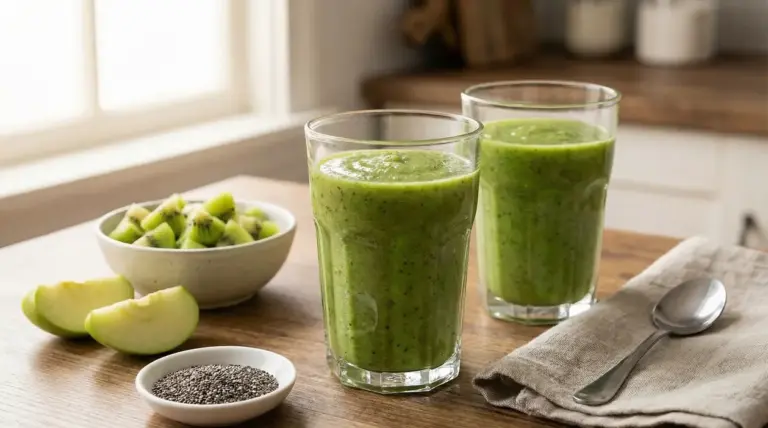 Due bicchieri di frullato verde con kiwi, mela verde e semi di chia su un tavolo