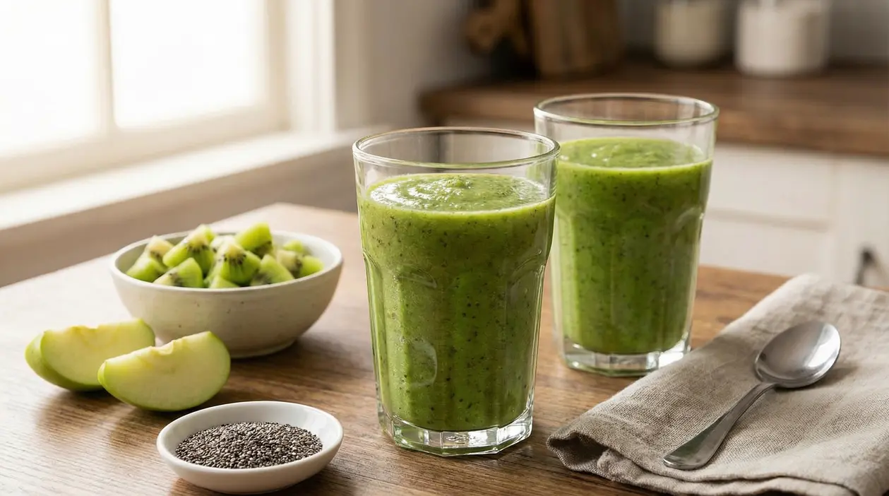 Due bicchieri di frullato verde con kiwi, mela verde e semi di chia su un tavolo