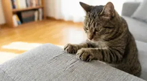 Gatto che graffia un divano con le unghie