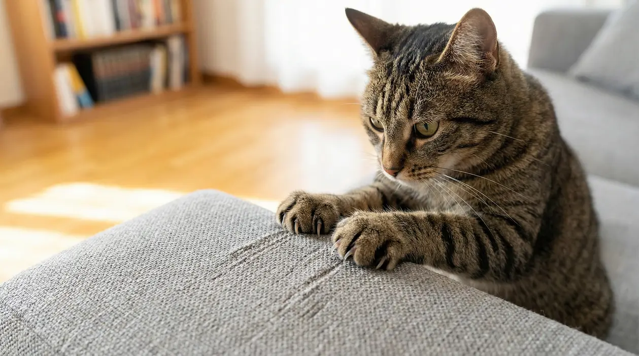 Gatto che graffia un divano con le unghie