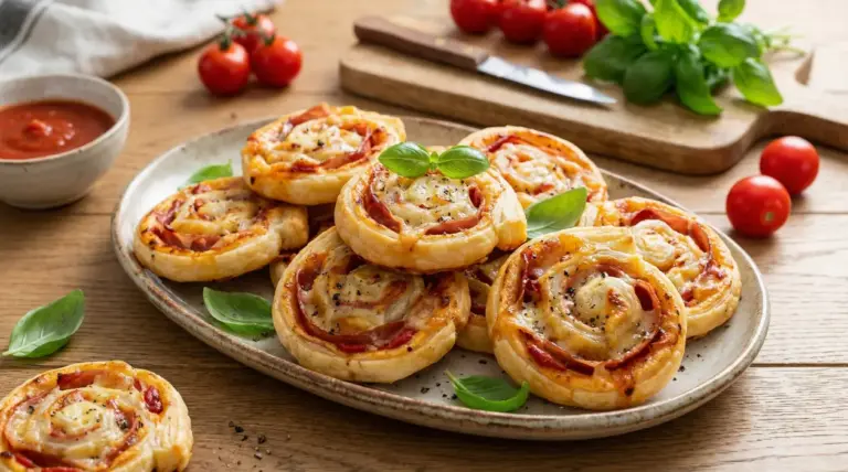 Girelle di pasta sfoglia salate con pomodoro, formaggio e basilico servite su un piatto, ideali per antipasti e buffet