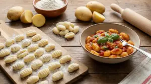 Gnocchi di patate fatti in casa su tagliere infarinato e gnocchi al sugo di pomodoro con basilico in ciotola
