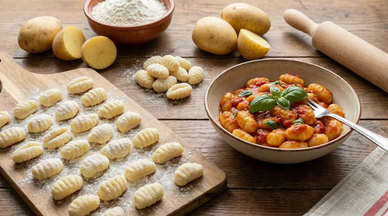 Gnocchi di patate fatti in casa su tagliere infarinato e gnocchi al sugo di pomodoro con basilico in ciotola