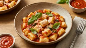 Gnocchi di ricotta morbidi con salsa di pomodoro, basilico fresco e parmigiano in una ciotola su tavolo di legno