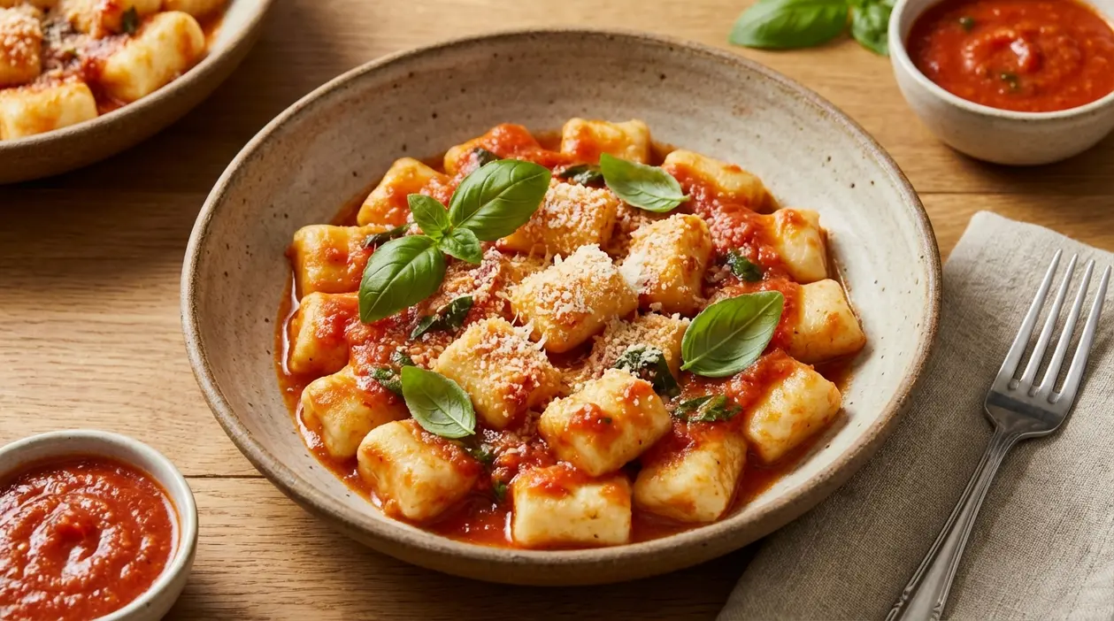 Gnocchi di ricotta morbidi con salsa di pomodoro, basilico fresco e parmigiano in una ciotola su tavolo di legno