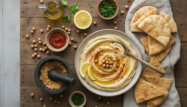 Ciotola di hummus cremoso con ceci, olio d’oliva e paprika, servito con spicchi di pita su tavolo di legno