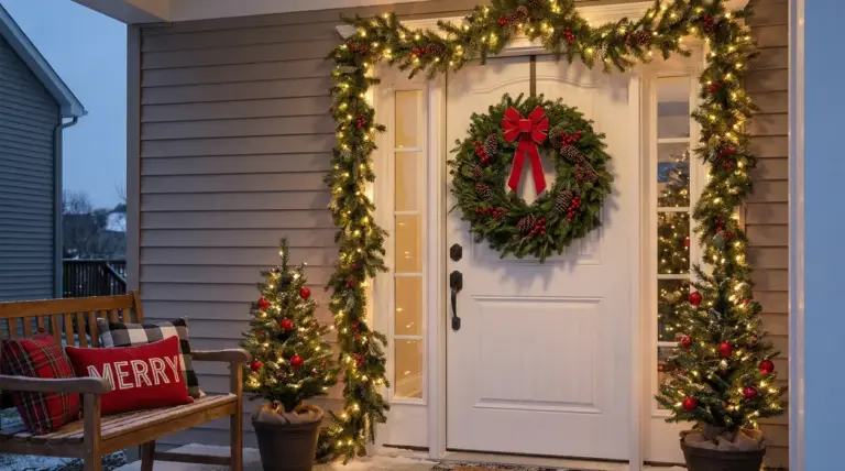 Ingresso di casa decorato per Natale con ghirlanda, luci e alberelli illuminati