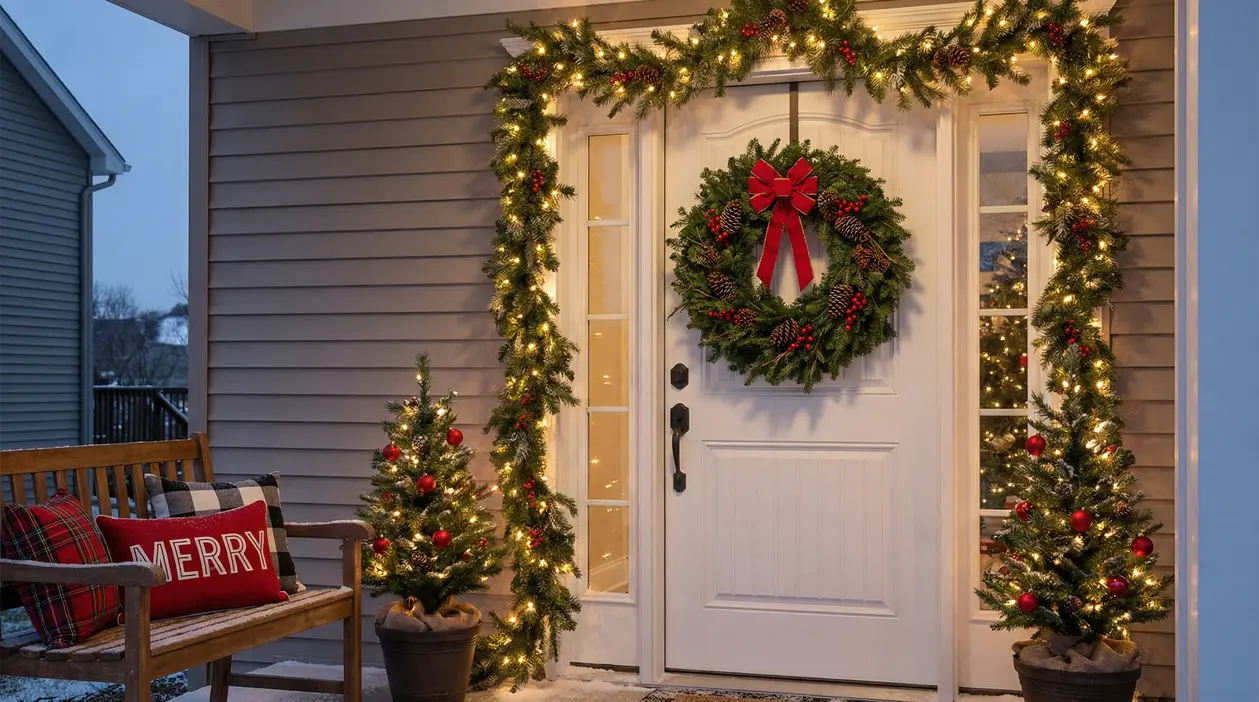 Ingresso di casa decorato per Natale con ghirlanda, luci e alberelli illuminati