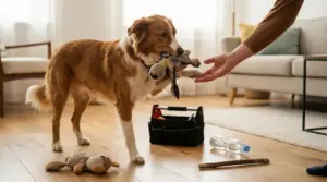 Cane che porge un giocattolo di pezza a una persona in un ambiente domestico