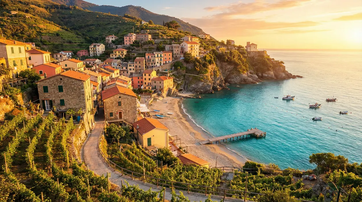 Borgo colorato sul mare con spiaggia, molo e barche al tramonto