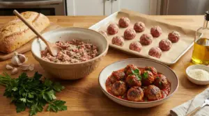 Polpette al sugo con impasto in ciotola e polpette crude su teglia, con pane, aglio, prezzemolo e olio sul tavolo
