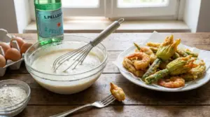 Ciotola con pastella e frusta accanto a frittura croccante di gamberi e fiori di zucca su piatto