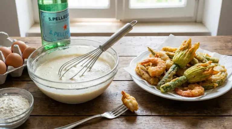 Ciotola con pastella e frusta accanto a frittura croccante di gamberi e fiori di zucca su piatto