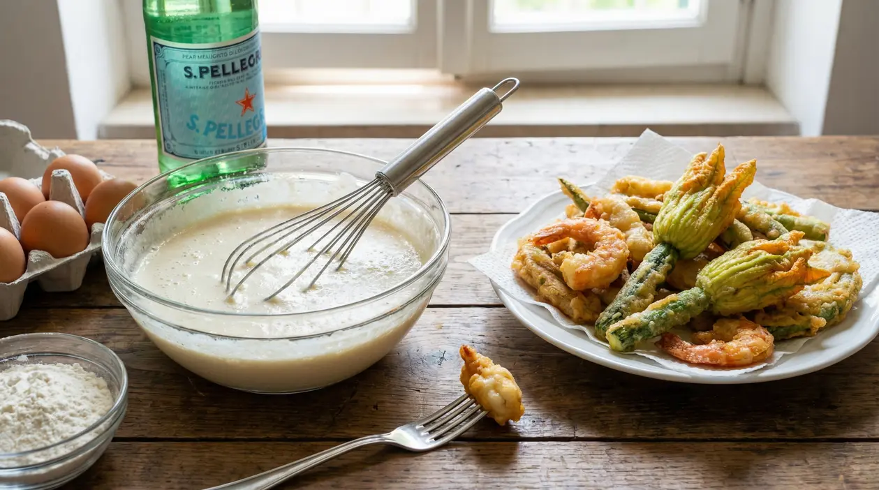 Ciotola con pastella e frusta accanto a frittura croccante di gamberi e fiori di zucca su piatto