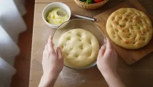 Impasto per focaccia in ciotola di vetro con impronte, accanto a focaccia appena sfornata su tagliere