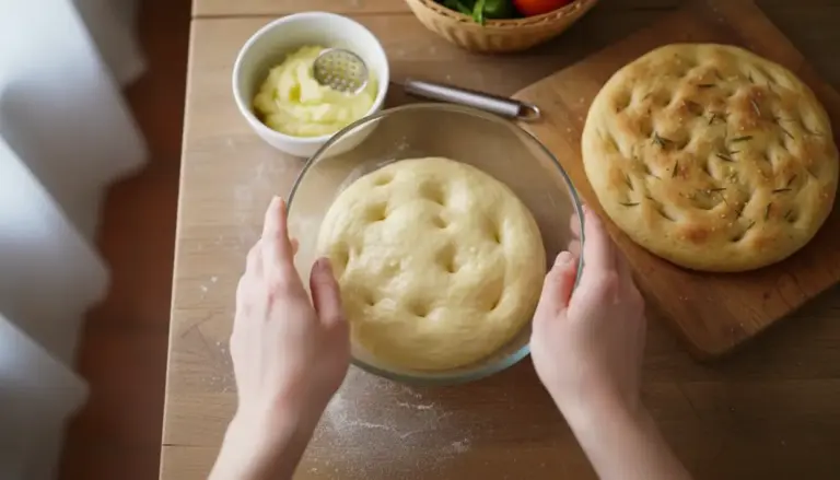 Impasto per focaccia in ciotola di vetro con impronte, accanto a focaccia appena sfornata su tagliere