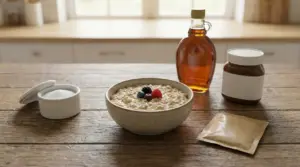 Ciotola di porridge d’avena con frutti di bosco, accanto a zucchero, sciroppo e crema spalmabile su un tavolo
