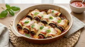 Involtini di melanzane al forno con prosciutto e formaggio, gratinati con salsa di pomodoro e basilico in pirofila