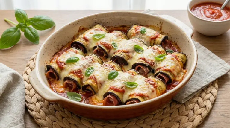 Involtini di melanzane al forno con prosciutto e formaggio, gratinati con salsa di pomodoro e basilico in pirofila