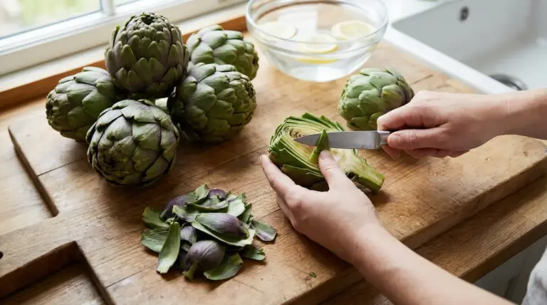 Mani che puliscono un carciofo su tagliere con coltello, carciofi interi e ciotola d’acqua con limone
