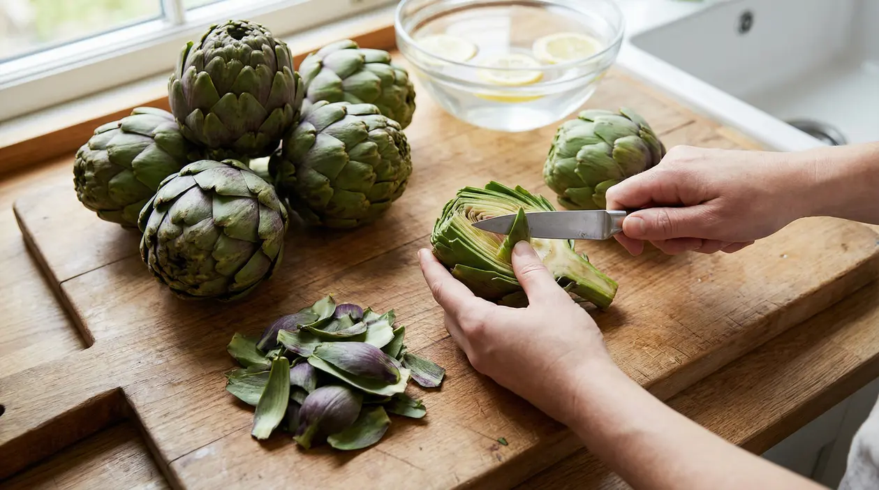Mani che puliscono un carciofo su tagliere con coltello, carciofi interi e ciotola d’acqua con limone