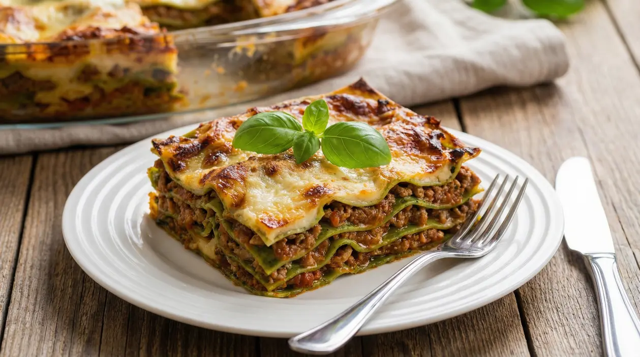 Porzione di lasagna alla bolognese con ragù e besciamella, servita su piatto bianco con foglie di basilico