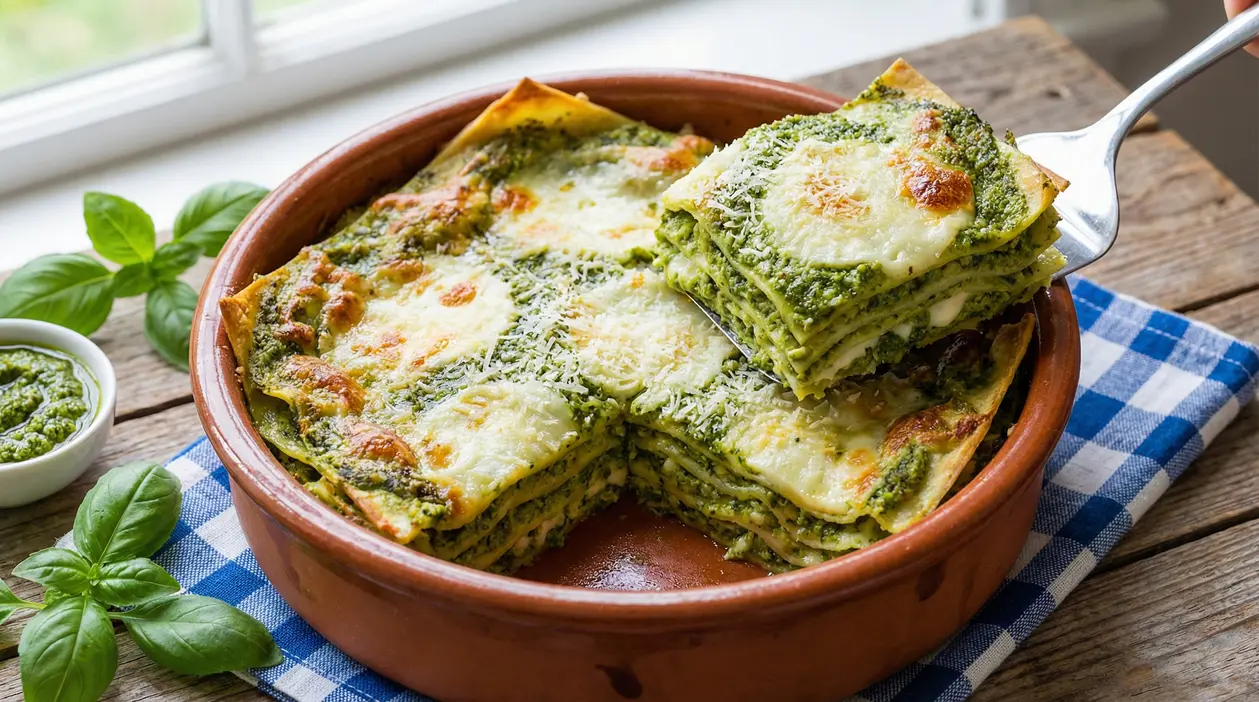 Lasagne al pesto servite in una teglia di terracotta su una tovaglia a quadri blu