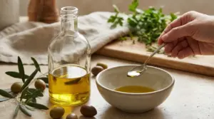 Bottiglia e ciotola con olio d’oliva, olive e una mano che raccoglie l’olio con un cucchiaino