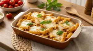 Pasta al forno con formaggio fuso e foglie di basilico in una teglia su un tavolo di legno
