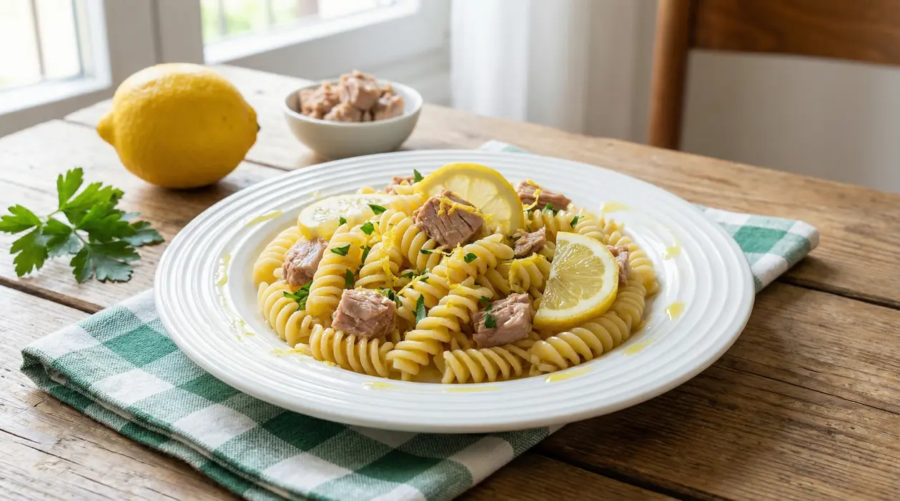 Piatto di pasta con tonno e fette di limone su un tavolo rustico