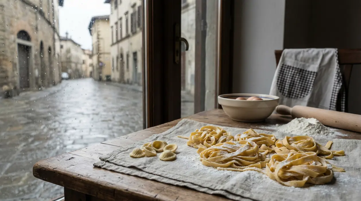 Pasta fresca fatta in casa su canovaccio infarinato vicino a una finestra con pioggia e strada bagnata sullo sfondo