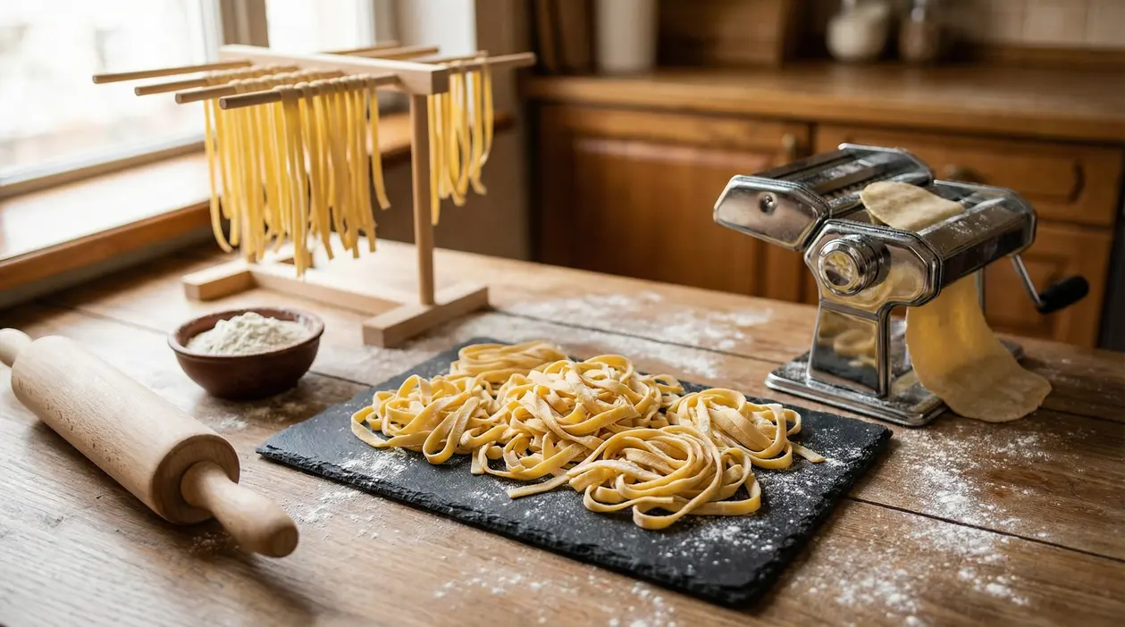Tagliatelle fresche fatte in casa con macchina per la pasta, farina e mattarello su un tavolo di legno