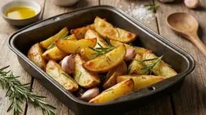 Patate al forno dorate in teglia con rosmarino e spicchi d’aglio su tavolo di legno